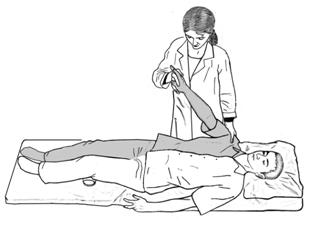 Пассивный подъем руки и поворот ее кнаружи в положении пациента лежа на спине