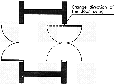 Change direction of door swing so both doors can swing outwards if possible