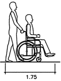 Person on wheechair assisted by another person. 1.75 m front to back
