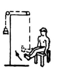 Сидя на стуле выпрямлять ноги, вес постепенно уменьшать (6X8)